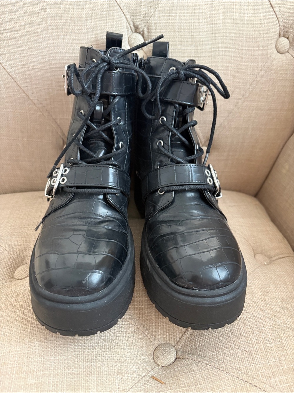 Forever 21 Black Croc-Embossed Combat Boots with Buckle Details